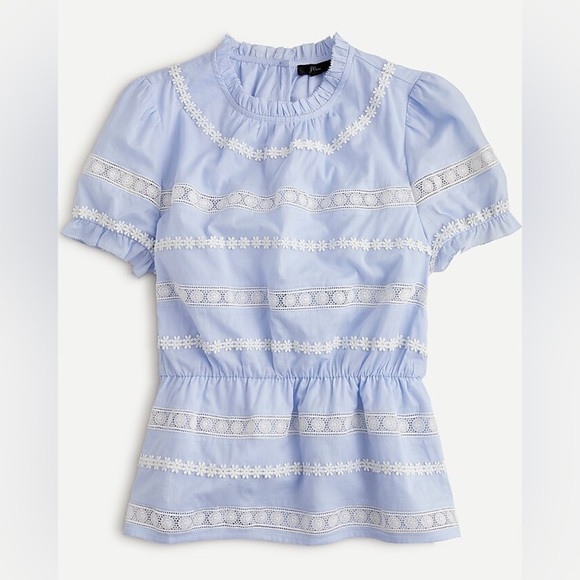 🌻J. Crew Daisy-chain Blue Peplum Short Sleeve Top w White Embroidery Size M - Picture 1 of 10